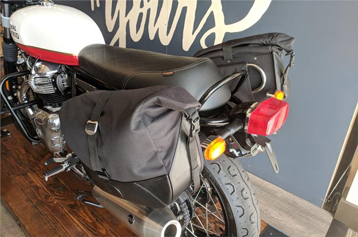The optional saddlebags that are available as accessories with the new Royal Enfields. 